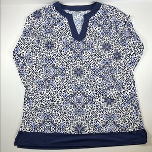 Lands’ End Womens Blue and White Patterned Long Sleeve Top Sz L